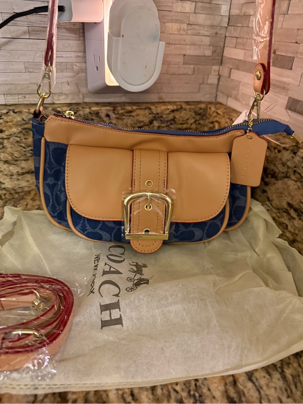 Coach Navy and Tan Leather Crossbody with Buckle Accent